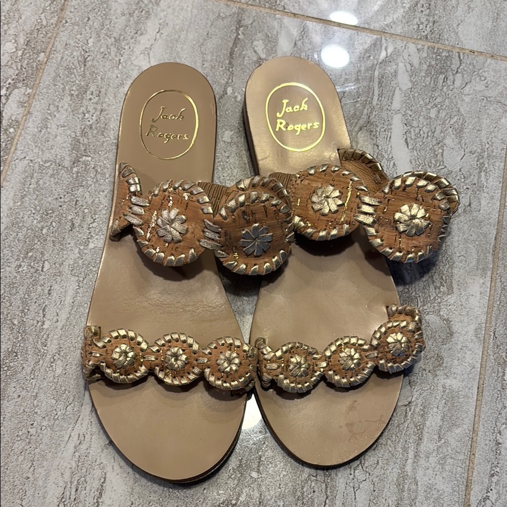 Jack Rogers Tan and Gold Sandals with Gold Ornaments